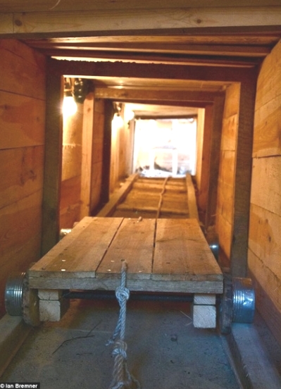 A tunnel reconstruction showing the trolley system