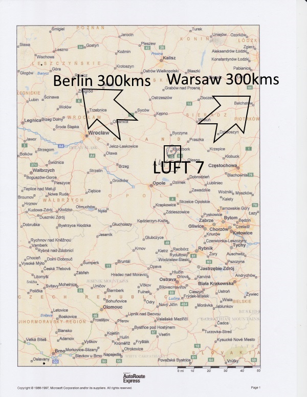 map of location of Stalag Luft VII relative to Warsaw and Berlin