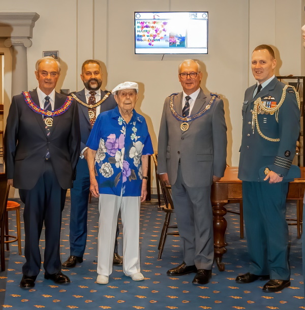 Harry with Masonic executive Harry Nick Gras and RCAF Colonel James, AFA, High Commissioner, London